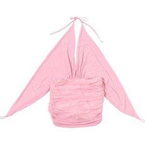 Detail of pink halter neck ruched mini dress featuring deep V-neck and draped sleeves