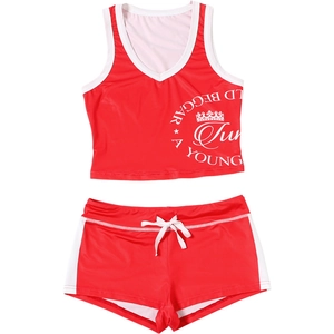 Flat lay of red and white two-piece sports set with V-neck top and drawstring shorts