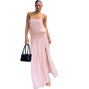 Pink slit pleated mesh cami dress with thin straps and waist cinching for women