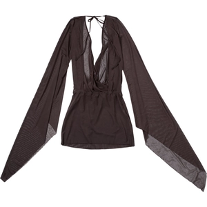 Detail of dark coffee mesh mini dress featuring sexy deep V-neck and backless tie-up design