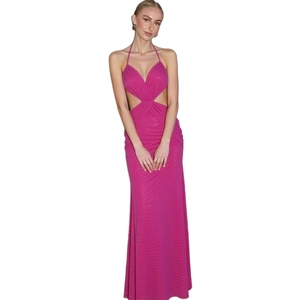Sexy rose red halter neck maxi dress with waist cut-outs and a slim fit evening silhouette
