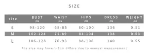 Detailed size chart for the sequin backless halter dress showing S, M, L measurements