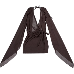 Flat lay of brown mesh wrap dress with deep V-neck, long split sleeves and waist tie detail