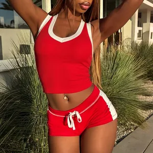 Women Sexy Halter Backless Crop Top And Bottom Contrast Color Letter Print High Waist Shorts Sport Casual Polyester