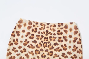 Detailed close-up of leopard print fabric with precise stitching and elastic waist texture