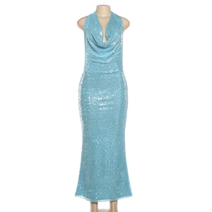 Close-up of light blue sequined halter neck dress with elegant draped cowl neckline detail