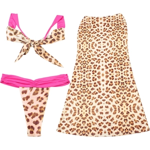 Detailed view of leopard print three-piece swimsuit set with matching high waist skirt