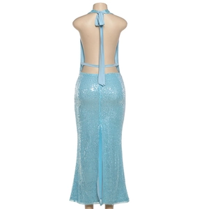 Detail of light blue sequin dress featuring an open back design and halter neck style