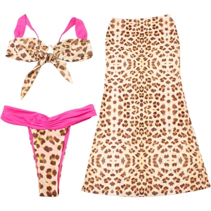 Detailed flat lay of three-piece leopard print bikini set with pink straps and long skirt