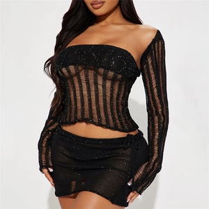 Γυναικεία Σέξι Πλεκτά Outfits με Πούλιες Bolero Shrug Bandeau Top και Μίνι Bodycon Φούστα Clubwear Party Wear