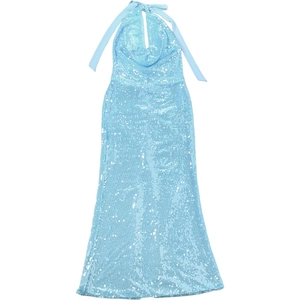 Detail of light blue sequin fabric and halter neck tie design on a backless evening dress