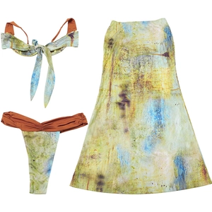 Detailed view of 3-piece boho beach set featuring tie-dye pattern on soft elastic fabric