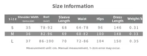 Detailed size chart for deep V-neck long sleeve maxi dress with slit, sizes S to L