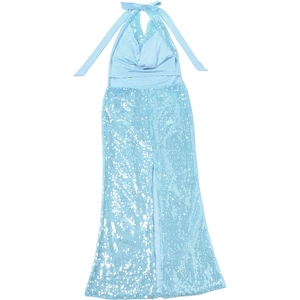 Detail of light blue sequined halter maxi dress with high slit and shimmering finish