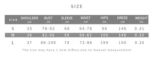 Size guide table for women's V-neck long sleeve dress with S, M, L measurements