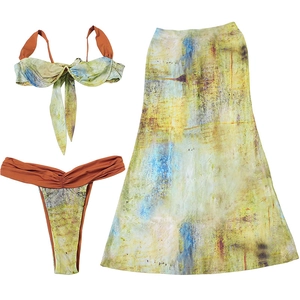 Close-up of three-piece abstract oil painting print bikini set with long maxi skirt