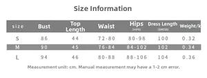 Size chart for summer halter top and split skirt set with detailed cm measurements