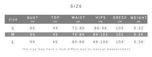 Detailed size chart for the halter neck top and slit skirt set in S, M and L sizes