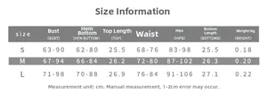 Size guide for the two-piece crop top and shorts set with detailed measurements