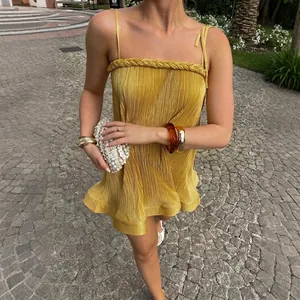 Damen Sommer Glänzend Plissee Träger Minikleid Mit Geflochtenem Detail Einfarbig A-Linie Casual Urlaub Sexy Kurzes Kleid