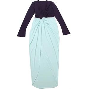Detail of deep V-neck maxi dress with knot twist waist and draped bicolor split skirt