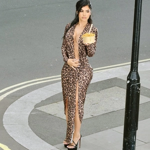 Femme Sexy Imprimé Léopard Col en V Profond Fente Haute Manches Longues Robe Maxi Moulante Soirée Fête Clubwear Robe Longue