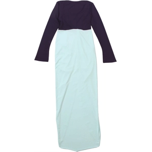 Detail of color-block dress with deep purple bodice and mint green maxi skirt