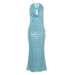 Sparkly light blue sequin cowl neck halter dress with backless slit for evening parties