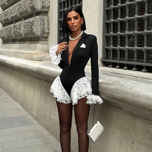 Body Donna Sexy Scollo V Profondo Stile Blazer Manica Lunga a Campana Patchwork in Pizzo Bianco Colore a Contrasto Jumpsuit Festa