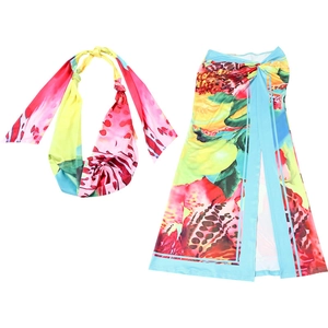 Detail of tropical abstract print on halter neck top and side slit maxi skirt set
