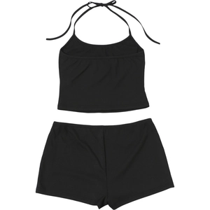 Close-up of the ribbed knit fabric texture and halter neck tie detail on the black set