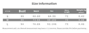 Size guide table for the backless off-shoulder studded dress showing S, M and L measurements