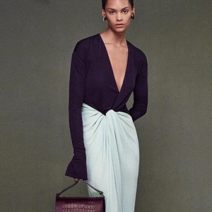 Deep V-neck long sleeve maxi dress with color-block design and waist knot detail