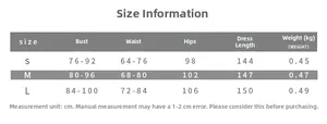 Size chart table for elegant off-shoulder maxi dress with bust and waist measurements