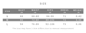 Detailed size chart for the backless bodycon dress with bust waist and hips measurements