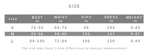 Detailed size guide table for elegant off-shoulder long dress with S, M, L measurements
