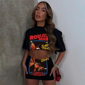 Women Sexy Baddie Streetwear Graphic Letter Print Crop Top And Mini Skirt Set Summer Casual Polyester Top And Bottom