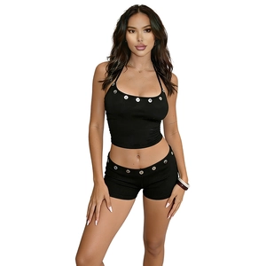 Women's black halter crop top and shorts set with decorative silver metal buttons
