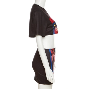 Side view of two-piece crop top and mini skirt set with artistic print on mannequin