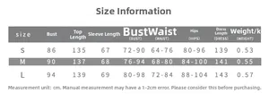 Detailed size chart for sexy slim fit long maxi dress and shawl set in S, M, L