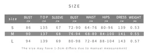 Detailed size chart for sexy slim fit shawl and long slip dress set in S-L sizes