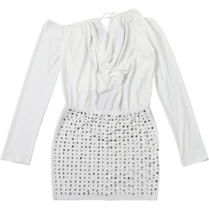 Detail of white off-shoulder mini dress featuring metallic studs and ruched texture