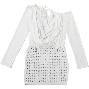 Detail of white mini dress featuring silver square studs and elegant draped neckline