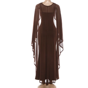 Detail of dark brown mesh maxi dress with dramatic wide slit sleeves and layered fabric