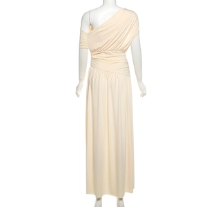 Detail view of the elegant ruched back and draped fabric of this white one-shoulder maxi dress