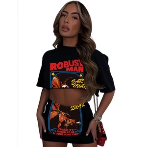 Women's 2-piece set featuring a black cropped t-shirt and mini skirt with vintage prints