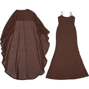 Detail of coffee brown slim-fit long dress with matching sheer mesh shawl set