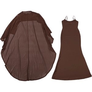 Detailed view of brown two-piece set with a slim camisole dress and sheer mesh cape