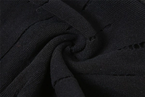 Dettaglio macro del tessuto a maglia a coste nero con motivi decorativi a fori traforati