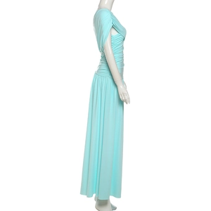 Detailed close-up of light blue long dress showing ruched fabric texture and side drape